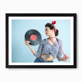 Pinup Girl Holding Vinyl Record Art Print