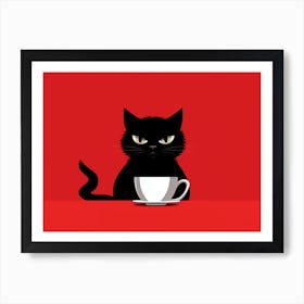 Black Cat With A Cup Of Coffee Art Print