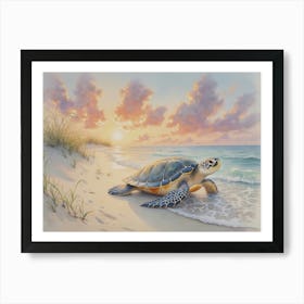 A beautiful watercolor painting of a majestic sea turtle on the shore as it leaves the sand dunes Art Print