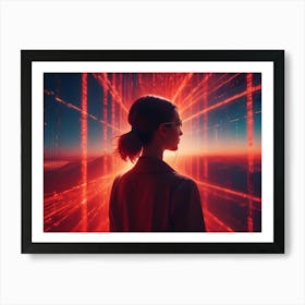 A Young Woman In Glasses Stands Facing A Glowing, Futuristic Portal Filled With Red Digital Code Art Print