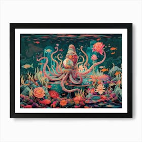 Psychedelic blooms Illustration of octopus-robot 1 Art Print