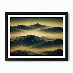 3d Render Of A Surreal Landscape With Undulating Mountain Ranges Enveloped In A Golden, Starry Haze Art Print