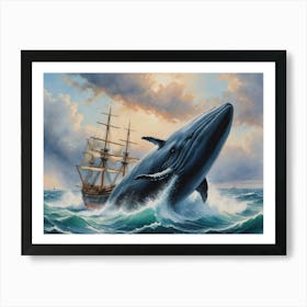 Whale Jumping Sailing Ship Art Print