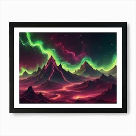 Surreal Landscape With Glowing Green Aurora Borealis Illuminating Jagged Mountains And A Molten River, Set Against A Dark, Starry Sky Art Print