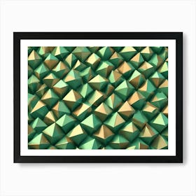 3d Render Of A Seamless Pattern Of Green And Gold Pyramids Or Triangles, Creating A Textured, Geometric Background Art Print