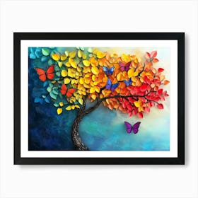 Colorful Tree With Vivid Leaves As Backdrop For Butterfly Tree Theme Art Print