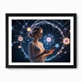 A Young Woman In A White Dress Holds A Smartphone, Surrounded By A Glowing Sphere Of Interconnected Neurons, Symbolizing The Connection Between Technology And The Human Brain Art Print