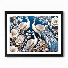 Peacocks And Flowers 2 Art Print