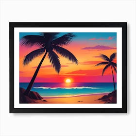 A Tranquil Beach At Sunset Horizontal Illustration 65 Art Print