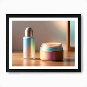 3d Illustration Of A Set Of Skincare Products, A Serum Bottle And A Cream Jar, On A Wooden Table With A Natural Light Effect Art Print