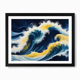 Stylized Illustration Of Large, Powerful Waves With Vibrant Yellow Crests Crashing In A Dark Blue Ocean Art Print