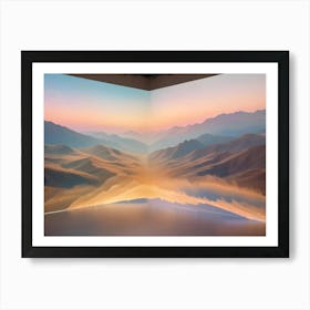 Abstract Digital Image Of A Room With A Large Screen Displaying A Mountain Range With A Sunset Sky, Creating A Peaceful And Serene Atmosphere Art Print