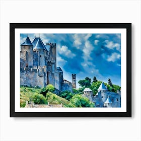 Medieval Castle Carcassonne France. The image showcases a majestic medieval castle, its imposing stone walls and towers rising against a backdrop of a bright blue sky dotted with fluffy white clouds. The castle's gray stone facade is weathered and worn, hinting at its age and history. Lush green foliage surrounds the castle, adding a touch of vibrancy to the scene. Art Print