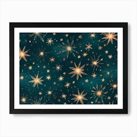 A Seamless Pattern Of Gold Stars Of Different Sizes And Styles Against A Deep Teal Background Art Print