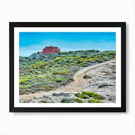 Path to the Red Fortress. A winding path leads through a rugged, green-dotted landscape to a striking red fortress perched atop a hill, blending history with natural beauty under a vivid blue sky. Poster