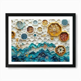 Golden Hexagons and White Lattice Against Oak, With Abstract Turquoise and Blue Waves and Splashes Art Print