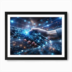 A Human Hand Shaking Hands With A Robot Hand, Both Surrounded By A Network Of Glowing Lines And Dots 1 Art Print