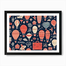 A Seamless Pattern Featuring A Whimsical And Colorful Arrangement Of Hot Air Balloons, Suitcases, Airplanes, Clouds, And Other Travel Related Elements, Creating A Cheerful And Adventurous Design Art Print