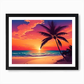 A Tranquil Beach At Sunset Horizontal Illustration 24 Art Print