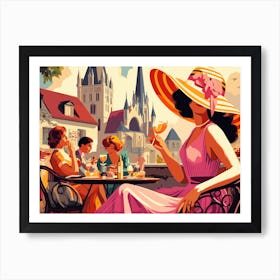 women having a drink in a cafe terrace wall art poster Art Print