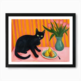 Black Cat With Pears 2 Art Print