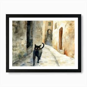 Black Cat In Matera, Italy, Street Art Watercolour Painting 3 Art Print