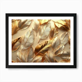 3d Luxury Golden Feathers With Leaves Texture Art Print