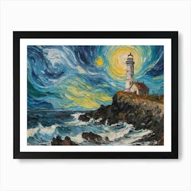 Painting Of Lighthouse On Top Of A Cliff By The Ocean Art Print