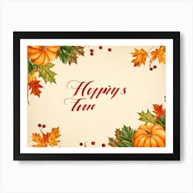 Calligraphy Of Happy Thanksgiving In Elegant Flowing Script Intertwined With Autumnal Motifs Suc Art Print