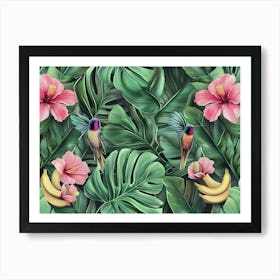 Tropical Seamless Pattern With Protea, Hibiscus Flowers, Banana Leaves, Palm, Monstera, Hummingbirds 1 Art Print