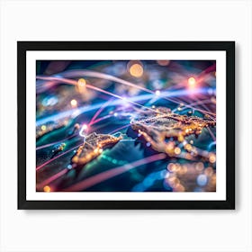 A Close Up View Of A Golden Globe With Glowing Lines Representing Global Connections And Data Flow Art Print