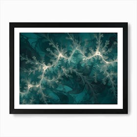 An Abstract Design With Swirling, White Tendrils On A Teal Background Art Print