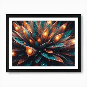 A Bioluminescent Flower With Orange And Teal Petals Emits An Ethereal Glow Against A Dark Background Art Print