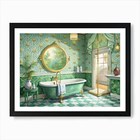 Green Bathroom With Vintage Bathtub And Golden Accents Art Print