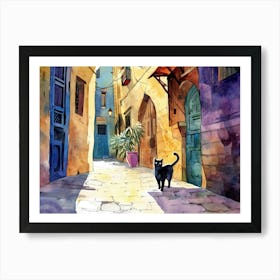 Alexandria, Egypt   Black Cat In Street Art Watercolour Painting 4 Art Print