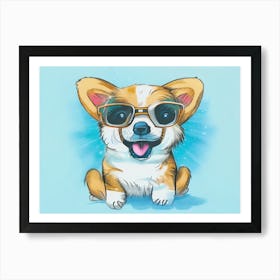 Portrait of a cute puppy dog smiling under sunglasses. Art Print