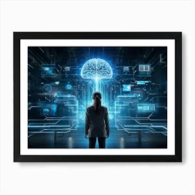 Abstract Cyber Concept Art Featuring A Human Brain At The Center Of Innovation Connected With Futur Art Print