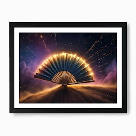 A Fantasy Themed Image Of A Golden Fan With Sparkles Radiating From It, Sitting On A Sandy Hill With A Cloudy Sky And Stars In The Background Art Print