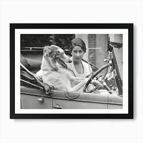 Woman and Dog, Dog Driving Car, Vintage Black and White Old Photo, Funny Art Art Print