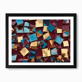 A Wall Covered In A Mosaic Of Reflective Squares In Gold, Blue, And Maroon, Creating A Textured And Abstract Background Art Print