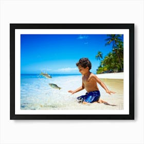 Little Boy Playing With Fish On The Beach Art Print