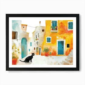 Black Cat In Puglia, Italy, Street Art Watercolour Painting 2 Art Print