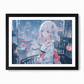 Silver hair kimono girl in Japanese city Art Print