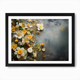 White And Yellow Flowers On A Black Background Art Print