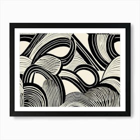 Retro Inspired Linocut Abstract Shapes Black And White Colors art, 187 Art Print