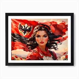 Woman Holding An Albanian Flag Art Print