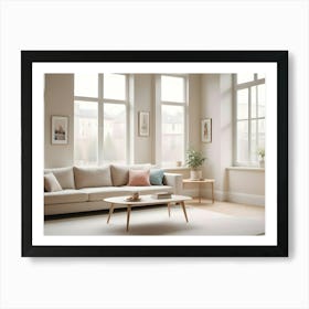 A Modern Living Room With A White Sofa, A Wooden Coffee Table, And Large Windows Art Print