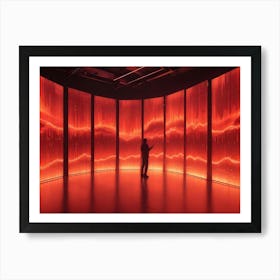 A Minimalist Image Of A Person Standing In A Dark Room, Surrounded By Large Screens Displaying A Digital Landscape Of Red Lines And Patterns Art Print