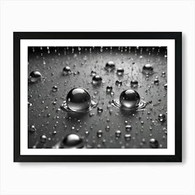 A Macro Shot Of Silver Liquid Droplets On A Dark, Metallic Surface Art Print