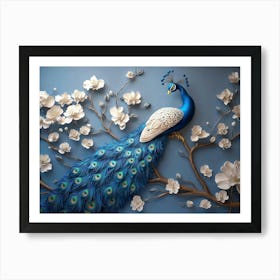 3d Artwork Background Blue Peacock on Branch 1 Art Print